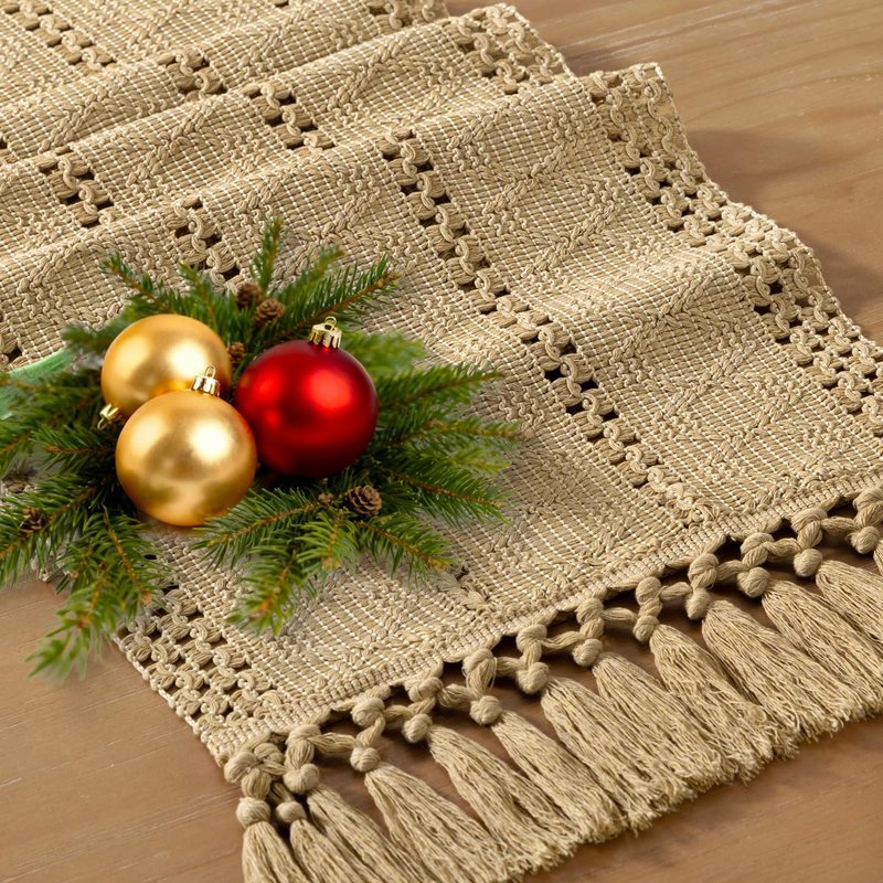 Socomi Boho Table Runner Summer Farmhouse Rustic Dining Kitchen Centerpiece Decor Small Macrame Woven Cotton Linen Coffee Table Runner for Dresser Scarf Home Decor 12x48 inch Champagne