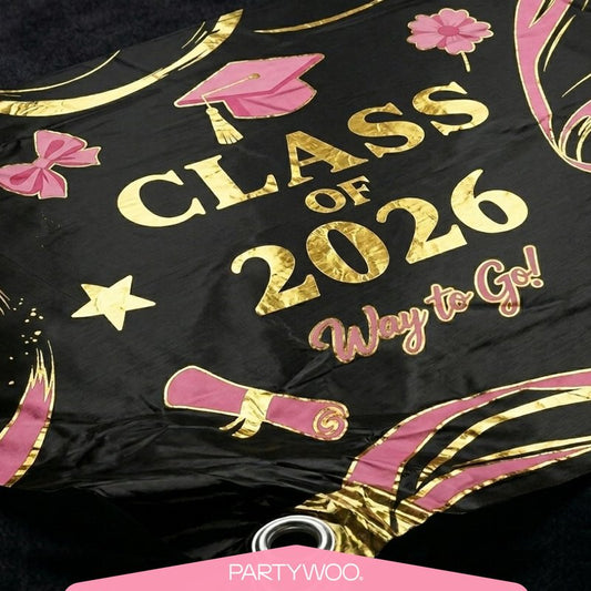 PartyWoo Graduation Decorations Class of 2026 Black Pink Gold 40pcs Grad Party Supplies with Congrats Grad Black Backdrop Banner Hanging Swirls Foil Latex Balloons Graduation Cap Centerpieces Party