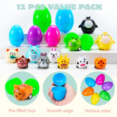 JOYIN 12 Pcs Prefilled Easter Eggs with Toys, Plastic Easter Eggs with Animal Cars for Kids Gift, Basket Stuffers, Classroom Prize Supplies, Party Favors