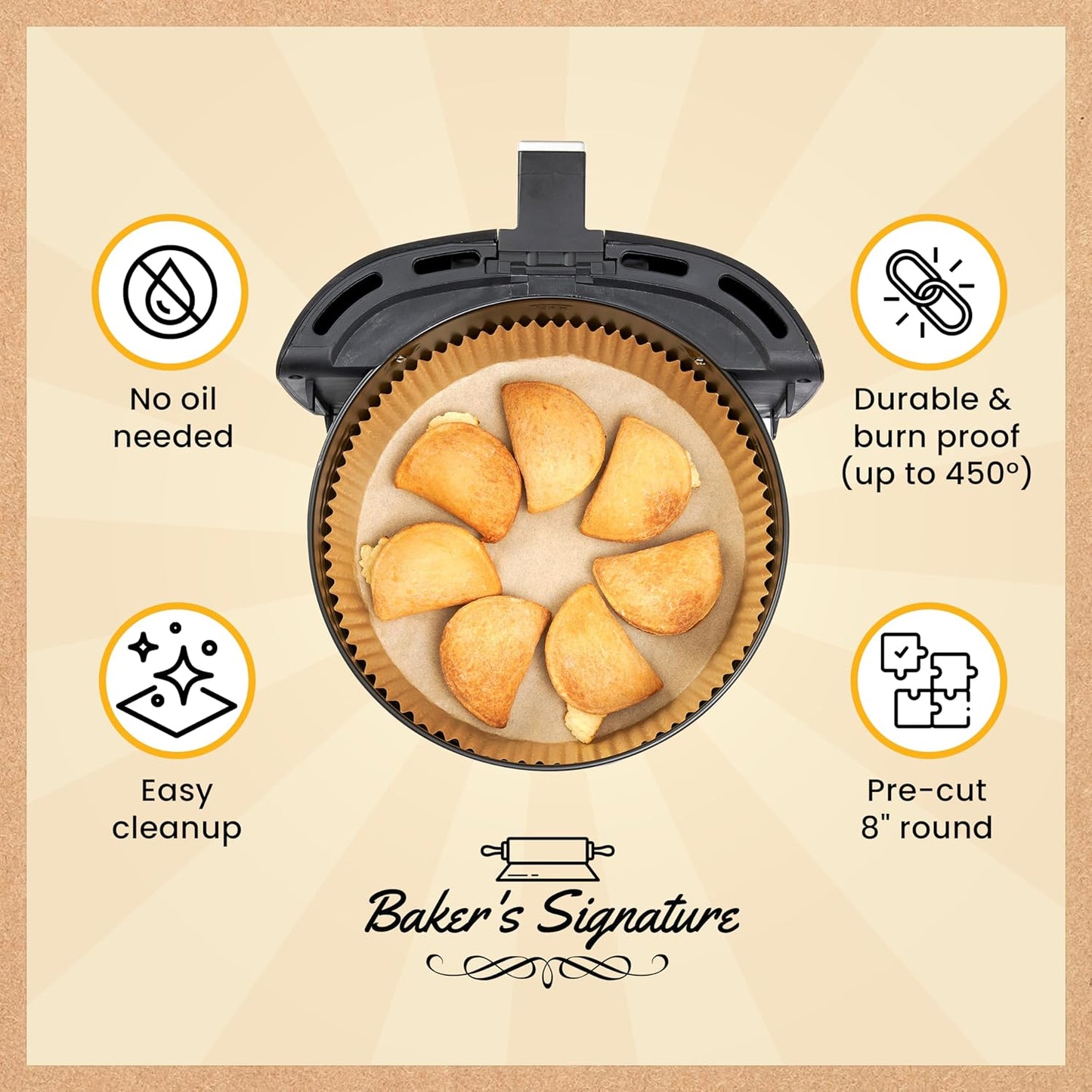 Baker's Signature Air Fryer Liners - 125 Pcs Round Disposable Non-Stick Paper | 8 Inch for 5-8 Qt Baskets