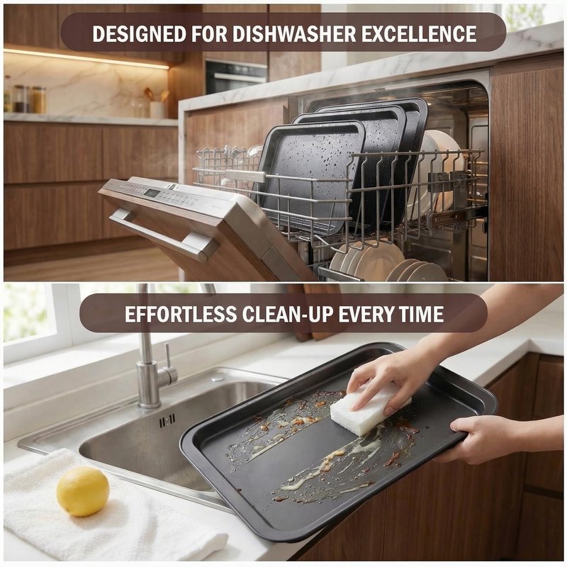 Baking Sheet Pan Set of 3, Nonstick Stackable Bakeware, Multi-Depth Rectangle Oven Pans, Rust & Warp Resistant Black, Easy Clean