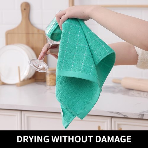 Homaxy 100% Cotton Terry Kitchen Towels(Turquoise, 13 x 28 inches), Checkered Designed, Soft and Super Absorbent Dish Towels, 8 Pack