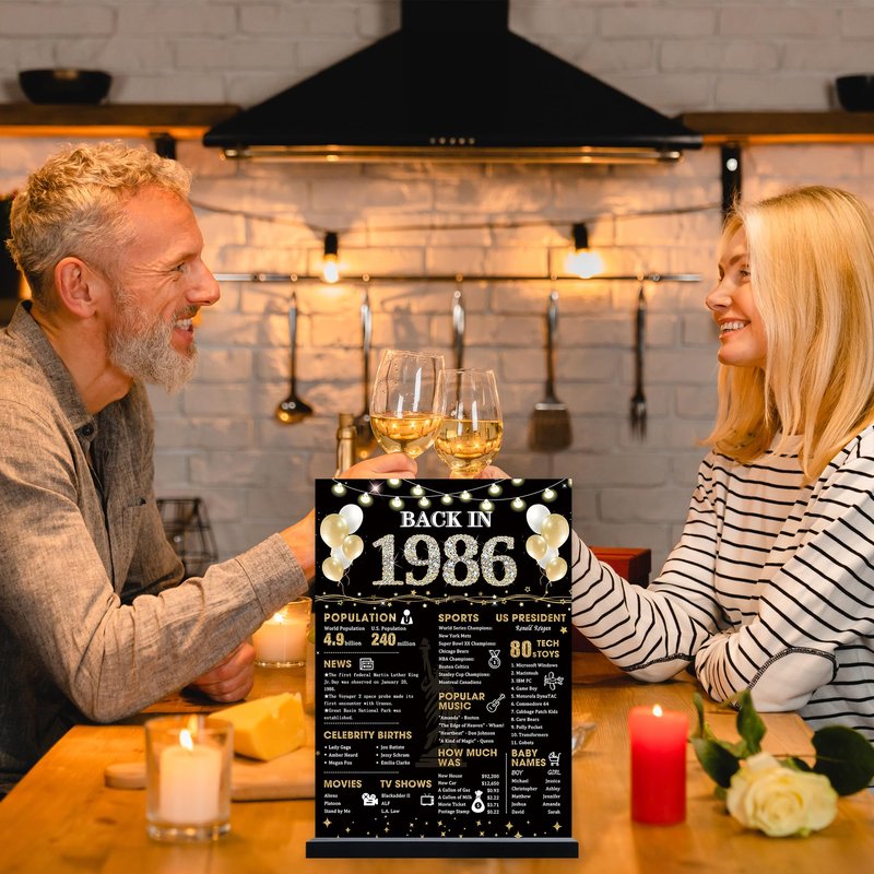 Roetyce 40th Birthday Decorations Gift for Women Men, Black Gold Back in 1986 Poster Acrylic Sign Centerpiece(1PC Duplex Printing), 40th Anniversary Table Decor, 40 Years Old Birthday Party Supplies