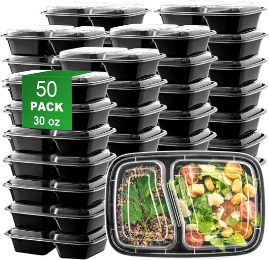 Meal Prep Containers 50 Pack | 30oz 2-Compartment BPA-Free Disposable Food Storage with Leakproof Lids