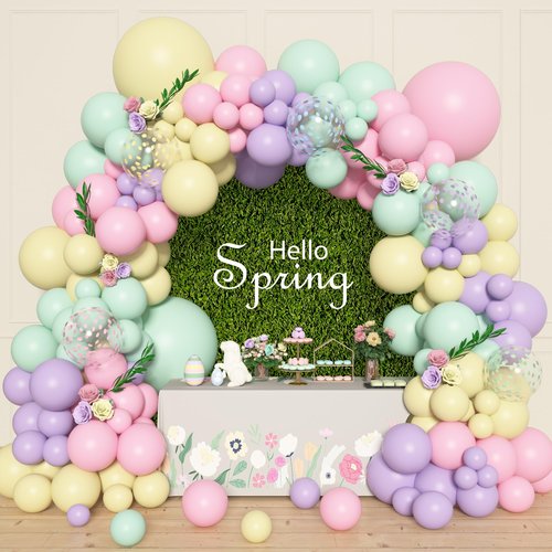 Amandir 153pcs Pastel Balloons Garland Arch Kit, Different Sizes 18 12 10 5inch Pastel Pink Yellow Green Purple Confetti Balloons for Bunny Hunt Spring Baby Shower Birthday Party Decorations