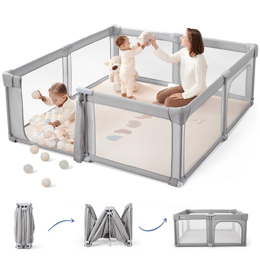 Sweeby Baby Playpen - Extra Large 59x59 Inch Foldable Play Yard with Door for Indoor/Outdoor Use - Gray