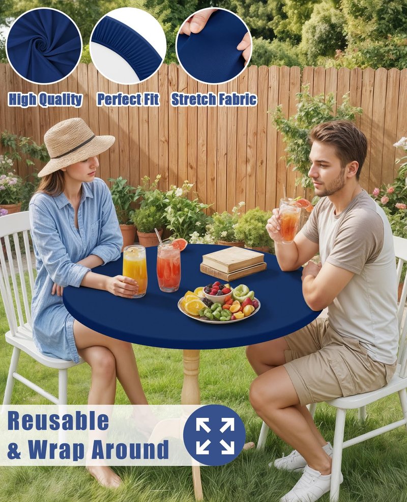 Moosfor Round Spandex Tablecloth, Elastic Fitted Waterproof Tablecloths for 25"-30" Tables, Stretch Washable Picnic Table Cover for Camping, Dining, Indoor and Outdoor, Navy