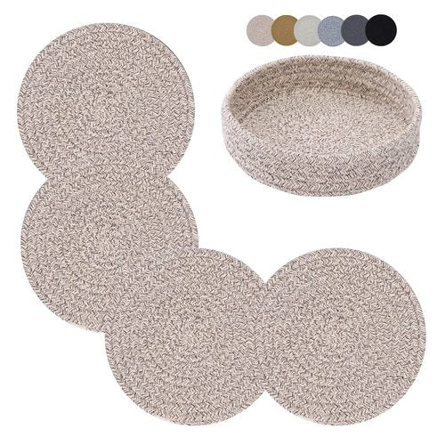 Coga Trivets for Hot Dishes, Trivets for Hot Pots and Pans, 7 Inchs Hot Pads 4 Pcs and Storage Basket for Countertops, Pot Holders for Kitchen, Cotton Table Protector Hot Mats Heat Resistant (Brown)