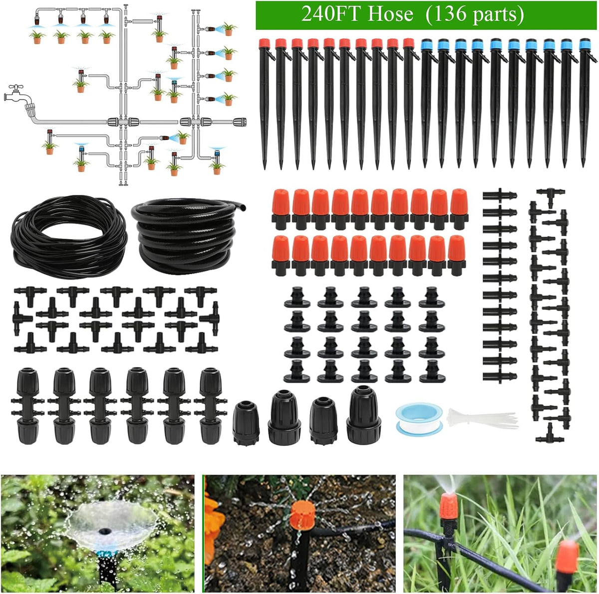 Maotong 240FT Drip Irrigation System Kit - Automatic Garden Watering for Greenhouse & Lawn | 1/2" Hose & 1/4" Tubing