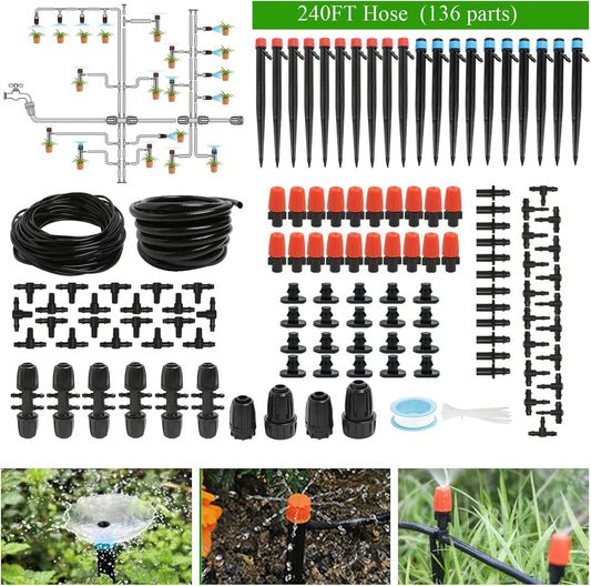 Maotong 240FT Drip Irrigation System Kit - Automatic Garden Watering for Greenhouse & Lawn | 1/2" Hose & 1/4" Tubing