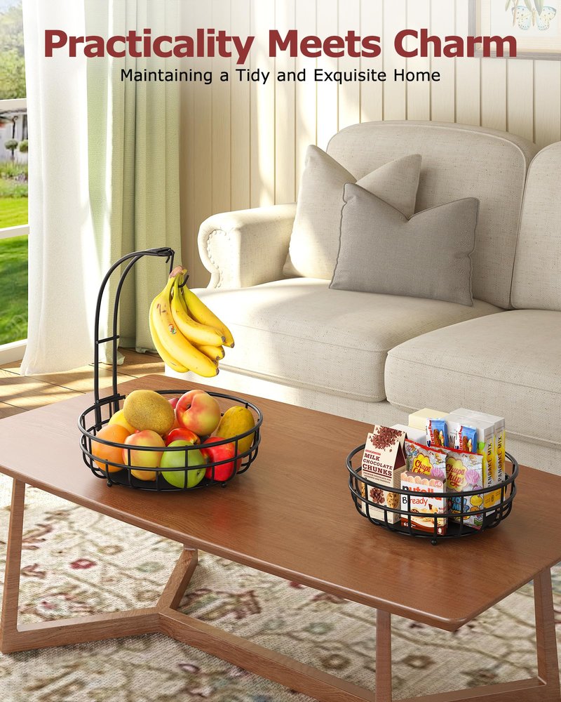 Sevenblue 2 Tier Large Fruit Basket for Kitchen Counter with Removable Banana Hanger - Sturdy Iron Fruit Bowl for Kitchen Counter and Vegetable Holder, Fruit Holder for Kitchen Countertop, Black