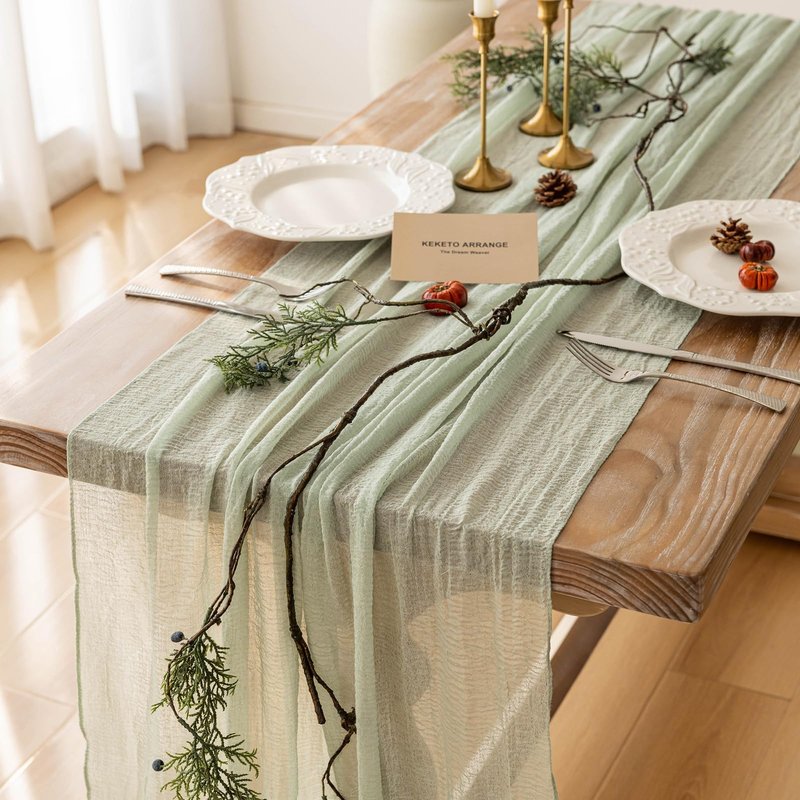 Keketoarrange 3Pcs Sage Green Spring Easter Cheesecloth Table Runner 120 Inch 10 FT Rustic Boho Cheese Cloth Runner for Wedding Baby Shower Bridal Shower Sheer Gauze Centerpiece Home Decor