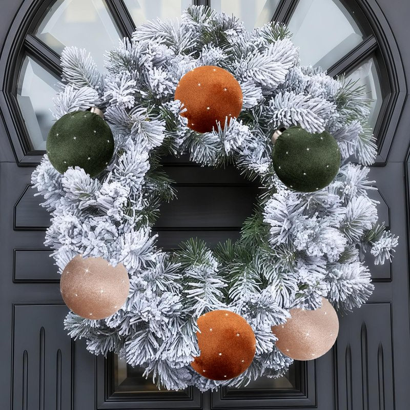 TonJin Christmas Tree Ornaments Velvet Balls 12 Pack, 3.15"/80mm Glitter Shatterproof Hanging Flocked Large Xmas Bulbs Decorations, Lightweight,Green Burnt Orange Neutral Holiday Party Home Decor