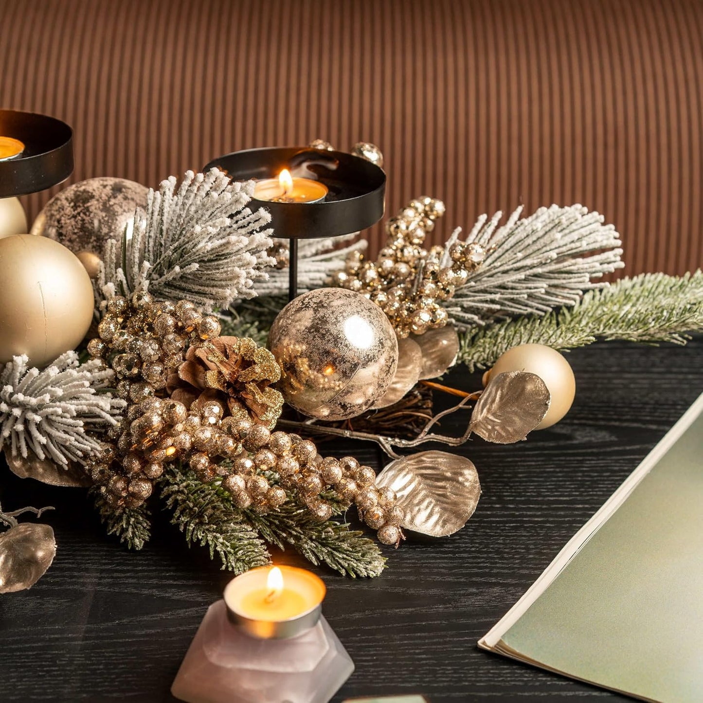 YULETIME 28" Christmas Triple Candelabrum - Elegant Holiday Candle Holder with Gold Baubles & Flocked Pine Needles