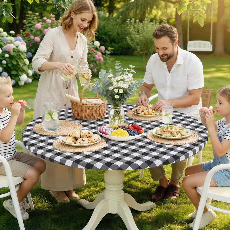 Smiry Round Picnic Tablecloth, Elastic Waterproof Fitted Vinyl Tablecloths for 36"-44" Tables, Flannel Backed Buffalo Plaid Table Cover for Dining, Camping, Outdoor, Black and White