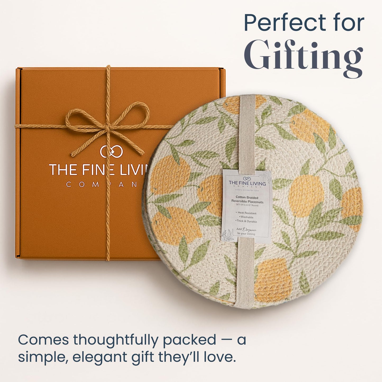 The Fine Living Co. Lemon Printed Braided Cotton Placemats (Set of 6, 13.5 Inches), Washable Anti-Slip Heat Resistant Mats, Boho Woven Round Table Mats for Table Decor, Kitchen and Dining