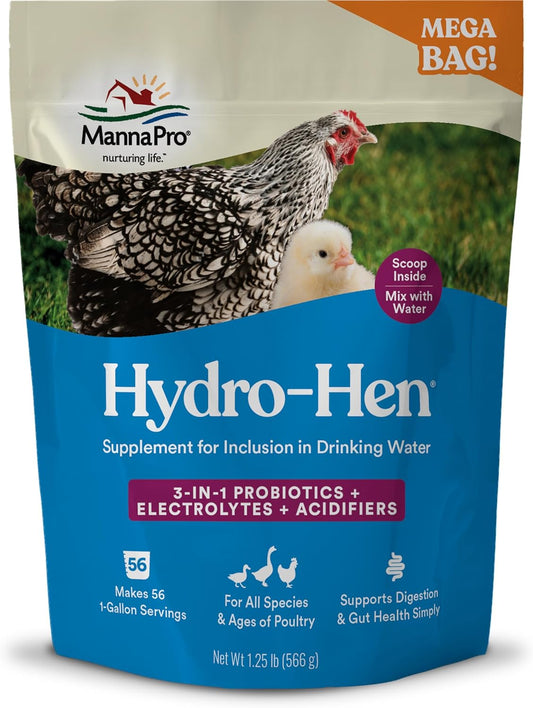Manna Pro Hydro-Hen Poultry Electrolyte & Probiotic Supplement - Hydration Support for Chickens & Ducks | 20 oz