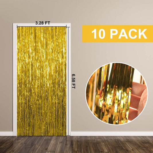 10 Pack Foil Curtain Backdrop Gold Metallic Tinsel Foil Fringe Curtains Photo Booth Props for Birthday Wedding Engagement Baby Shower Bachelorette Christmas Holiday Celebration Party Decorations