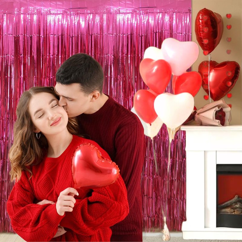 Valentines Day Party Decorations - 3 Pack of 3.2x8.2ft Hot Pink Foil Fringe Curtains Streamers Backdrop for Birthday Bachelorette Party Valentines Backdrop Decorations