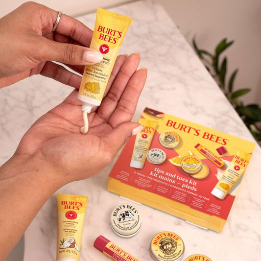 Burt's Bees Mothers Day Gifts Ideas, Tips and Toes Kit, 6 Travel Size Products - Pomegranate Moisturizing Lip Balm, 2 Hand Creams, Foot Cream, Cuticle Cream, and Hand Salve