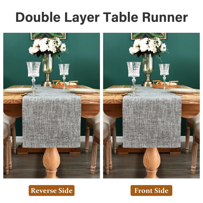 Farmhouse Rustic Faux Linen Table Runner Neutral Grey Table Runners Double Layer Reversible Rectangle Runners for Daily Use Kitchen Dining Banquet Holiday 13x36 Inch