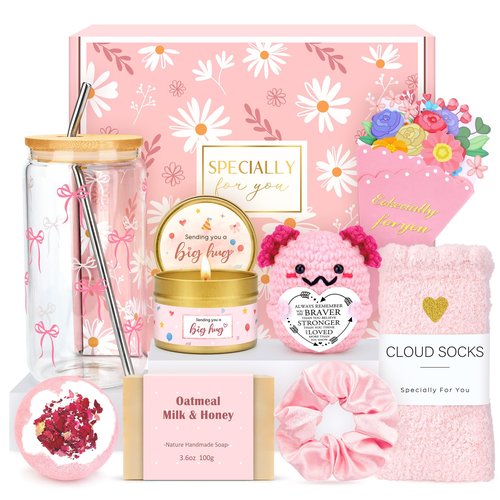 Gift Baskets for Women Unique Birthday Gifts for Women Self Care Cheer Up Gifts Set Pick Me Up Gift Box for Woman Teen Girls Best Friend Sister Ladies Friendship Her - Inspirational Pink Present