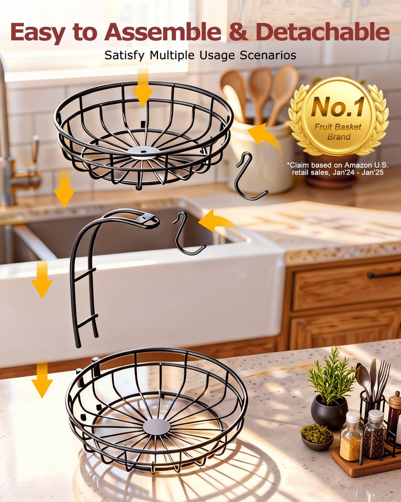 Sevenblue 2 Tier Large Fruit Basket for Kitchen Counter with Removable Banana Hanger - Sturdy Iron Fruit Bowl for Kitchen Counter and Vegetable Holder, Fruit Holder for Kitchen Countertop, Black