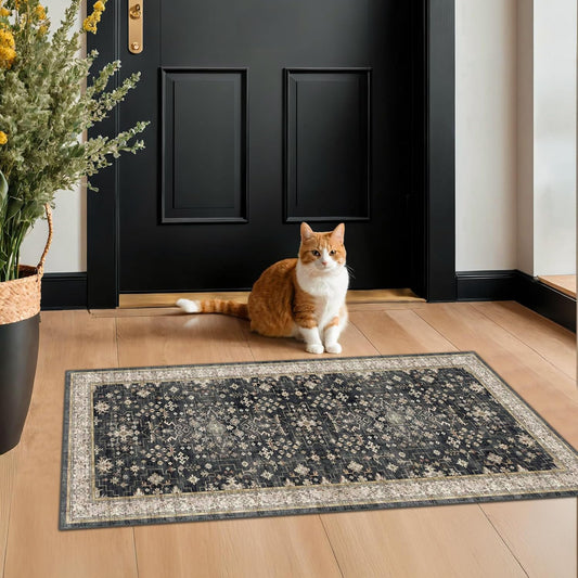 Skiennix Entryway Runner Rug - Non-Slip, Washable, Stain Resistant | Vintage Ashen Charcoal Floral Design (2x4 ft)