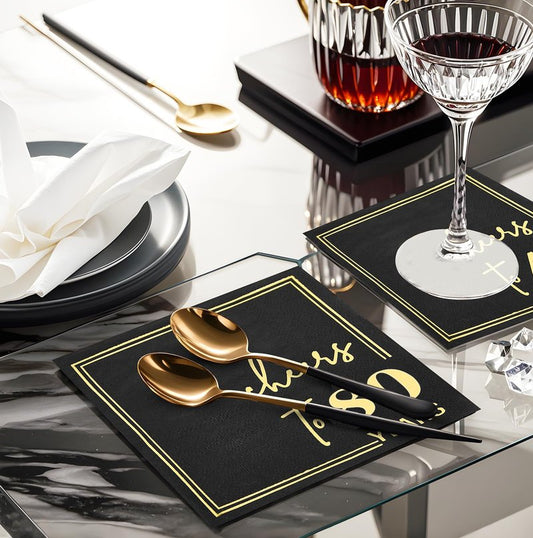 50 Count Black and Gold 80th Birthday Cocktail Napkins 5x5 Inch - Cheers to 80 Years 3-Ply Disposable Party Napkins for Anniversary, Wedding - Elegant Foil Accent Indoor Outdoor Celebrations
