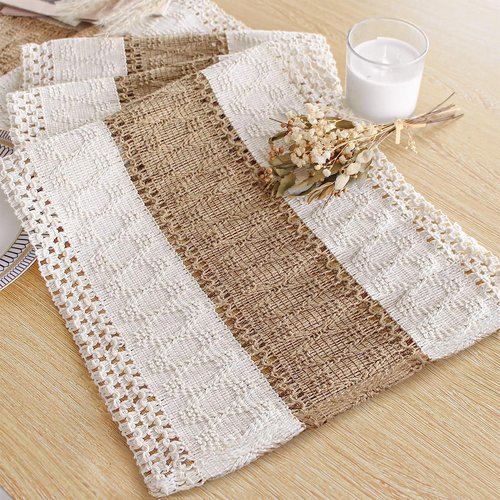FEXIA Boho Table Runner 36 Inches Long(Without Tassel) Thanksgiving Farmhouse Home Decor Rustic Cream & Brown Macrame Table Runner for Dining Bedroom Decor(12x36 Inches)