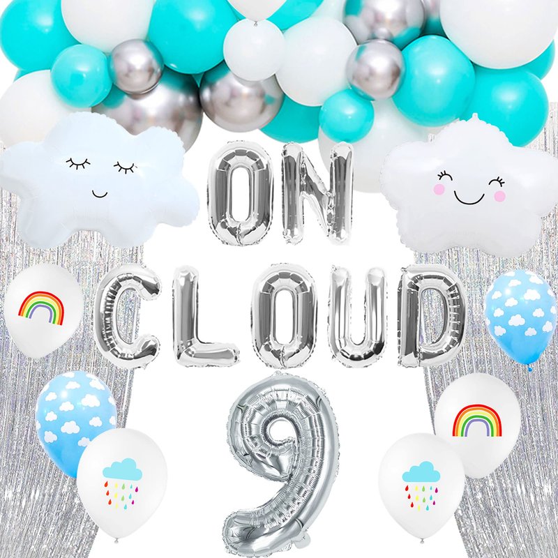 LaVenty 43 PCS Silver On Cloud 9 Balloons Decoration 9 Birthday Decoration Nine Years Old Birthday Balloon 9th Party Supplies Cloud Balloon