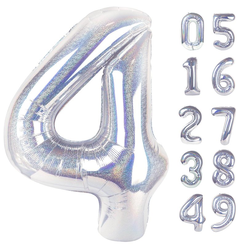 Laser Silver 4 Balloon, Number Balloons 40 Inch, 4th Birthday Decorations for Girls Four Large Numbers for Party Decor, Number 4 Balloon