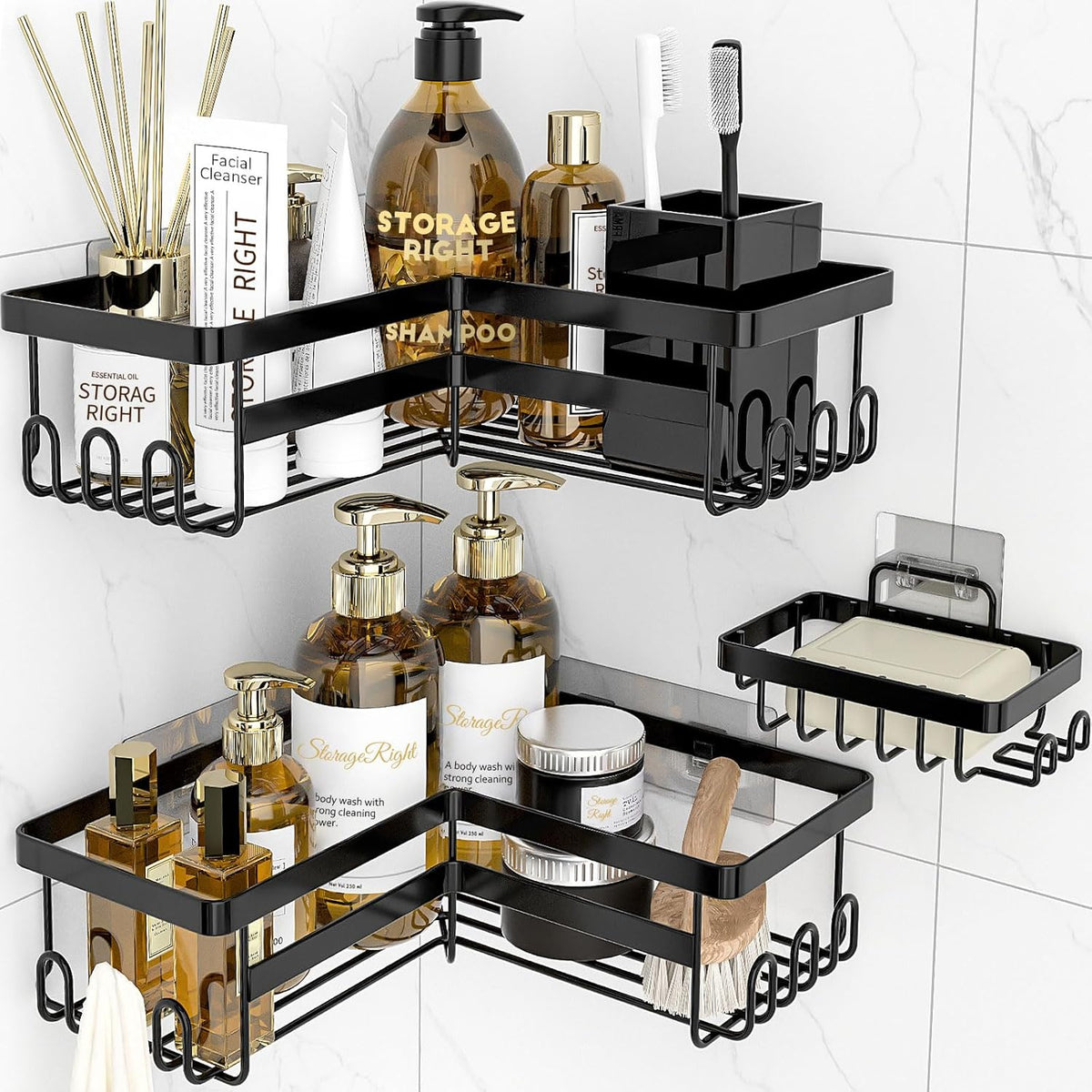 StorageRight Corner Shower Caddy - 3 Pack Adhesive Bathroom Organizer with Soap Holder & Hooks | No Drilling, Stainless Steel