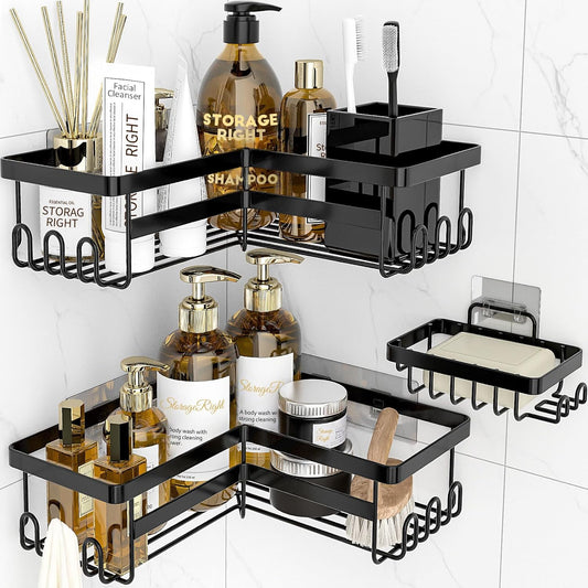 StorageRight Corner Shower Caddy - 3 Pack Adhesive Bathroom Organizer with Soap Holder & Hooks | No Drilling, Stainless Steel