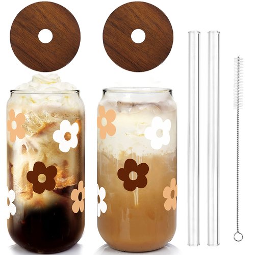 Glass Cups with Lids and Straws, Can Shaped Glass Cups, 20OZ Glass Cups, Drinking Glasses, Iced Coffee Glasses Cup, Smoothie Cups, Tumbler Glass, Reusable Iced Coffee Cup Drinking Glasses -Set of 2