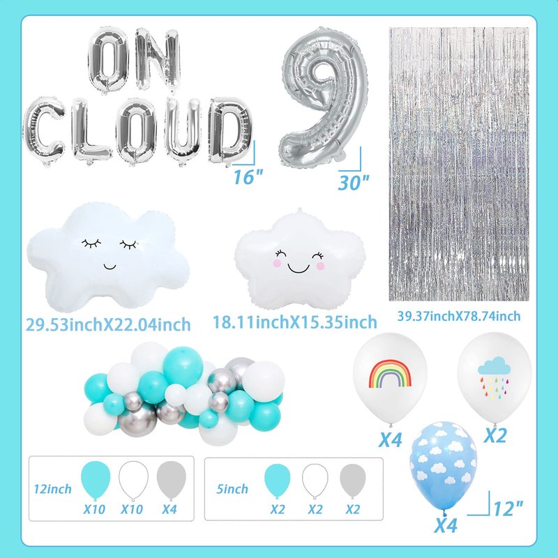LaVenty 43 PCS Silver On Cloud 9 Balloons Decoration 9 Birthday Decoration Nine Years Old Birthday Balloon 9th Party Supplies Cloud Balloon