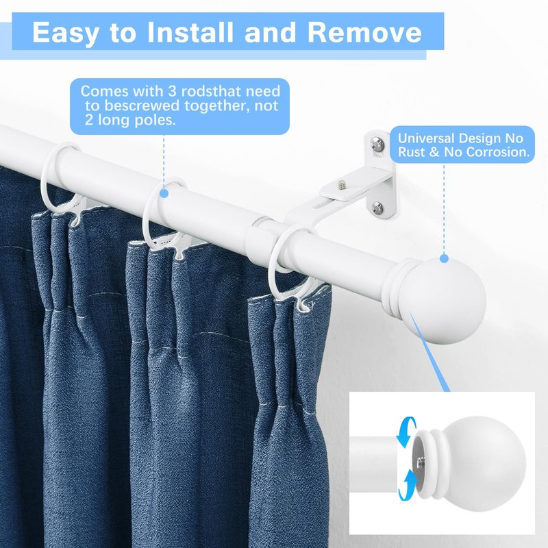 AMZSEVEN Curtain Rods for Windows 16 to 48 Inches, Curtain Rod Max Adjustable Length of 60 IN, 6/8" Diameter Drapery Rods Round Finials, White, Pack of 1