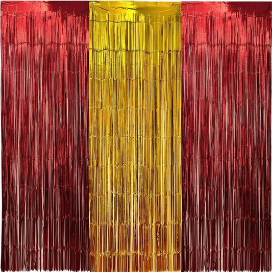 3 Packs Red Gold Foil Fringe Curtains Extra Wide 9.9ft for Birthday Party Tinsel Backdrop Movie Night Decor Farewell Party Streamer,Retirement Decorations, Backdrop for Graduations Each 3.3 x 6.5 ft