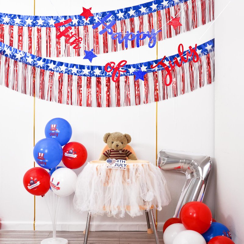Mega-L 4th of July Decorations 2 Pack 40 Feet Foil Fringe Garland Tinsel Streamers, Red White and Blue Star Metallic Hanging Backdrop Banner Table Skirts for Parade Floats Memorial Day Patriotic Party