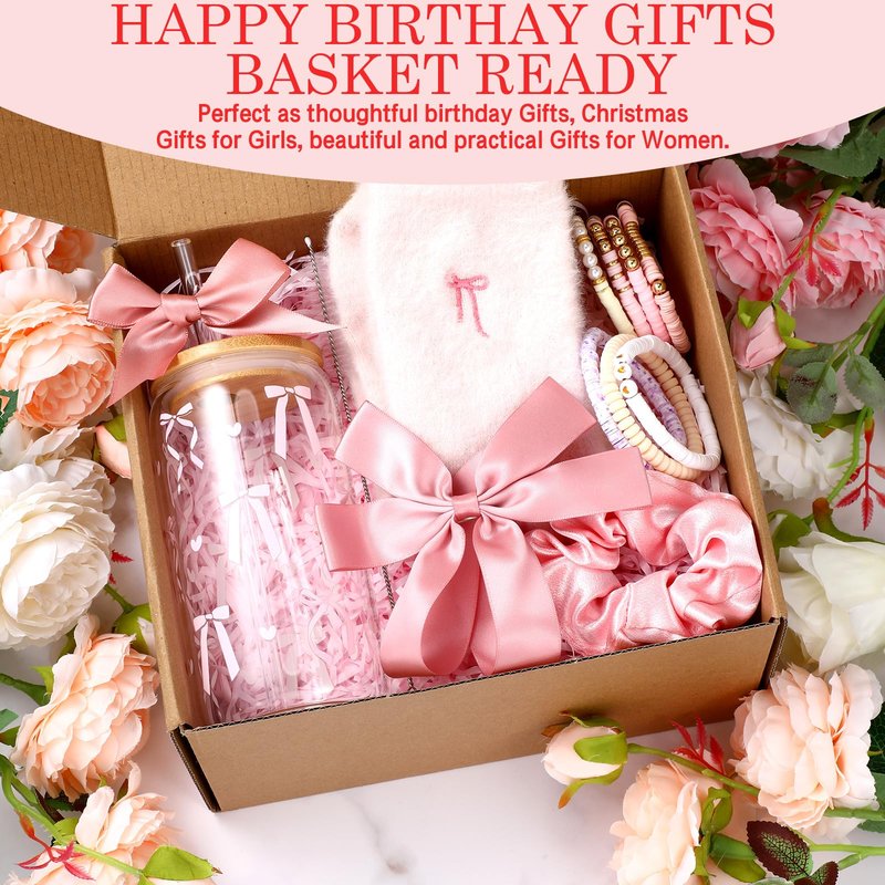 Remerry 14 Pcs Coquette Pink Bow Birthday Gift for Women Happy Birthday Gift Box for Teen Daughter Her Sister, Pink Bow Gifts Basket Set with Coquette Glass Cup for Teacher Teen Girls Friends Female