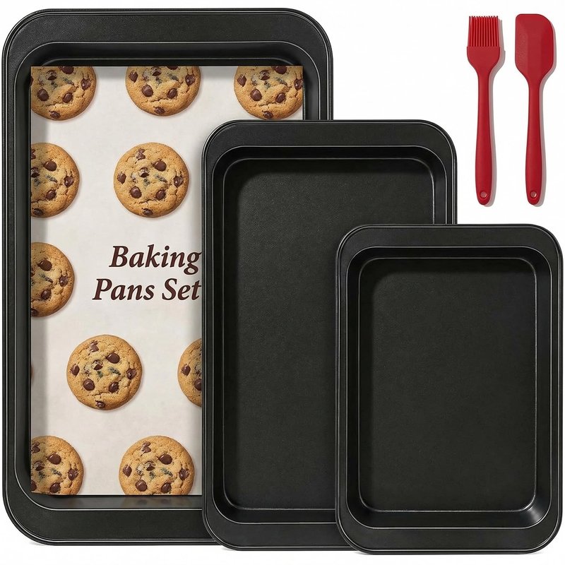 Baking Sheet Pan Set of 3, Nonstick Stackable Bakeware, Multi-Depth Rectangle Oven Pans, Rust & Warp Resistant Black, Easy Clean