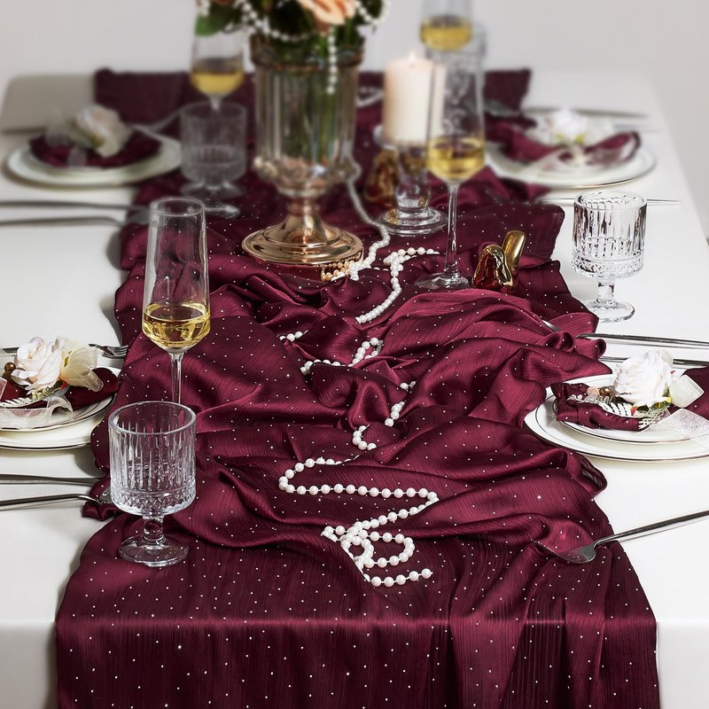 Leetaltree Dazzle Table Runner with Hot-fix Rhinestones-Luxury Scarf Table Runner 120 Inch 10FT -Elegant Gift Set with Card for Wedding,Christmas, Baby Shower,Holiday & Home Decor (Burgundy, 1 Pack)
