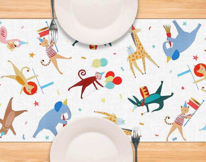 Pudodo Animal Parade Table Runner Jungle Animal Zoo Theme Birthday Party Baby Shower Kitchen Dining Room Home Decoration (13" x 72")