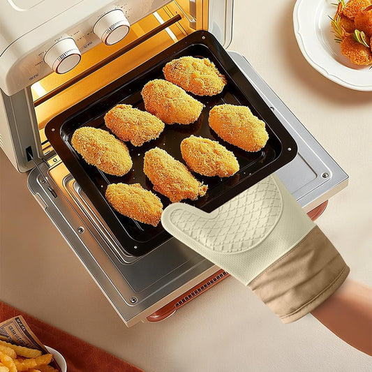 Silicone Oven Mitts，Heat Resistant up to 500°F, Oven Gloves with Soft Lining, Non-Slip Kitchen Essentials, Kitchen Gadgets, Apartment Essentials, Great Gift for Cooking (beige-1pair)