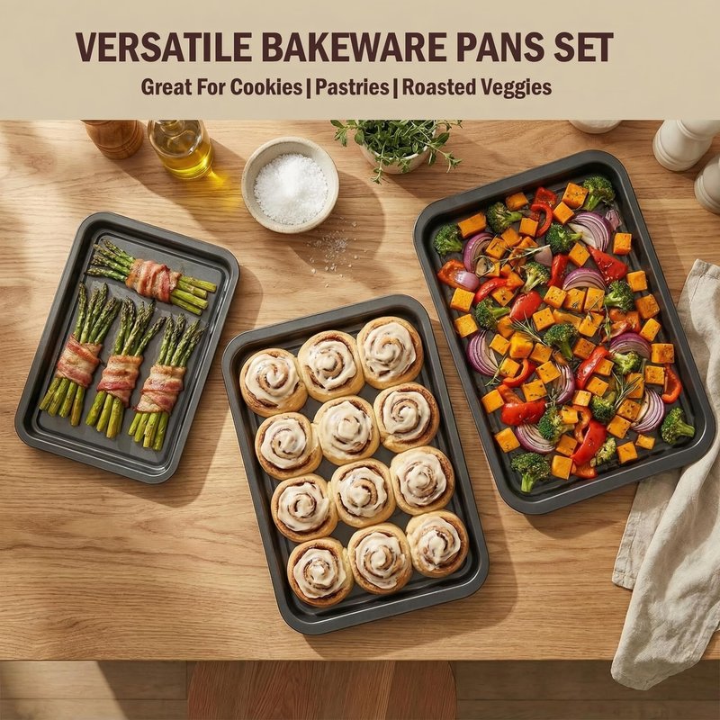Baking Sheet Pan Set of 3, Nonstick Stackable Bakeware, Multi-Depth Rectangle Oven Pans, Rust & Warp Resistant Black, Easy Clean