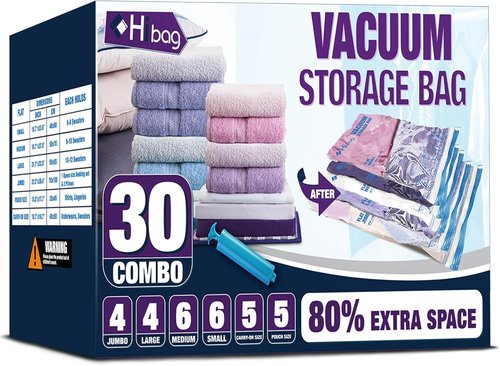 HIBAG Vacuum Storage Bags - 30-Pack Space Saver Seal Bags for Clothes, Comforters & Blankets