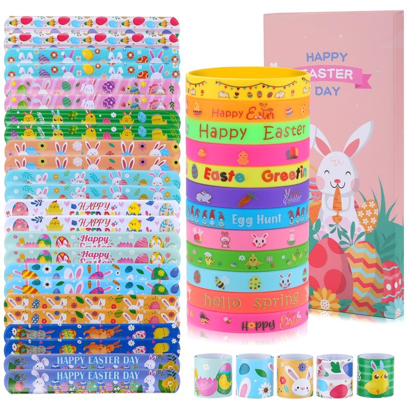 xutengy 48Pcs Easter Party Favors Decorations Slap Bracelets Rubber Wristbands for Kids Girls Boys，Easter Basket Stuffers Easter Egg Fillers Gifts for Toddlers