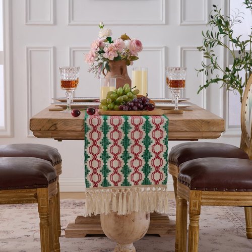 Fancy Homi Christmas Boho Cotton Polyester Table Runner 72 Inches Long, Farmhouse Macrame Table Runners with Tassels for Home Party Bohemian Rustic Bridal Shower Kitchen Dining Decor 12x72 Inches