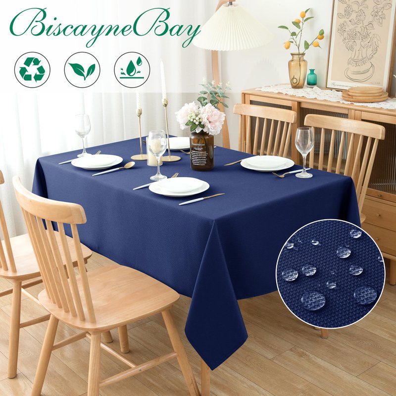 Biscaynebay Textured Fabric Tablecloths 60x108 Inches Rectangular, Navy Water Resistant Tablecloths for Dining, Kitchen, Wedding and Parties etc. Machine Washable