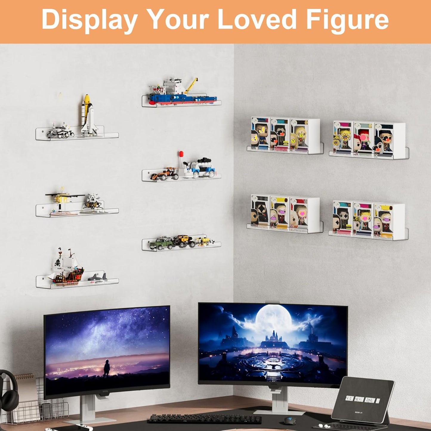 Upsimples 8 Pack Acrylic Wall Shelves - Clear Display Shelf for Toys, Perfume & Books | 15" Organizers